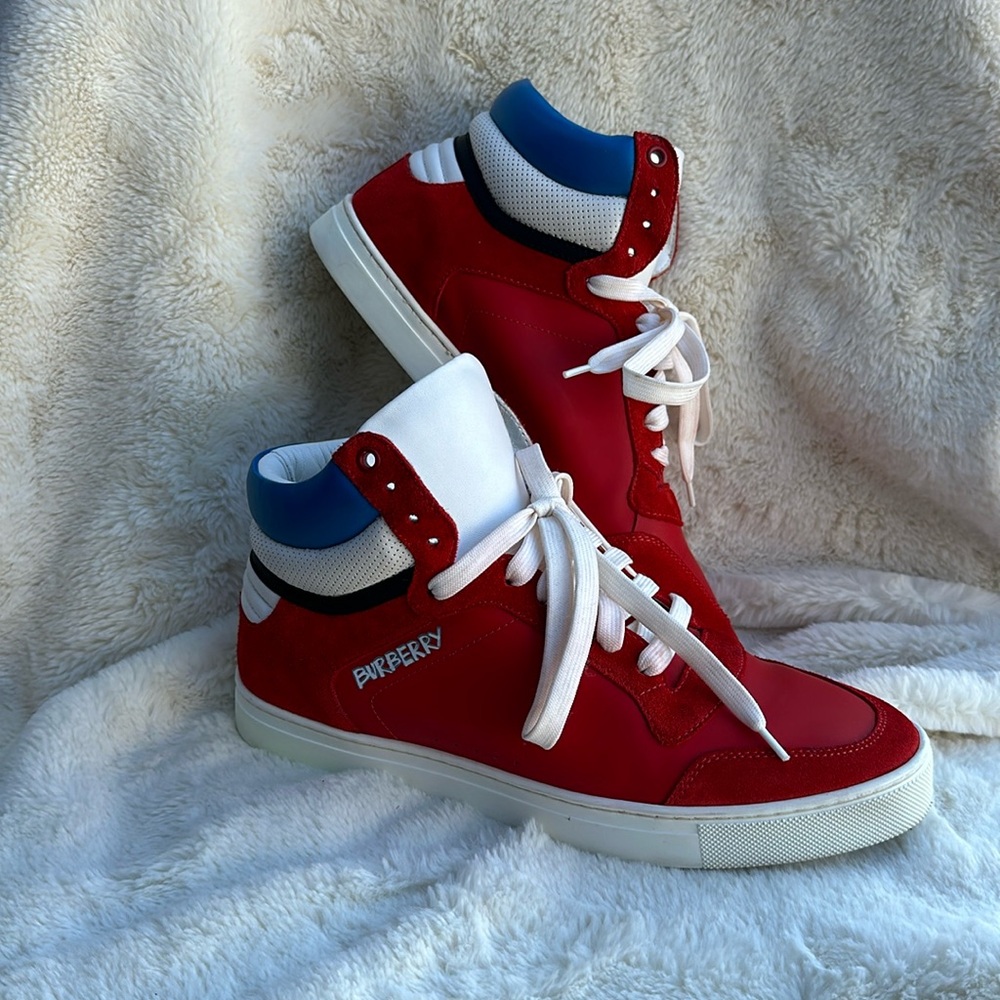 BRIGHT LEATHER SUEDE "REETH" "BURBERRY" LETTERING  LOGO HI TOP LACE UP SNEAKERS